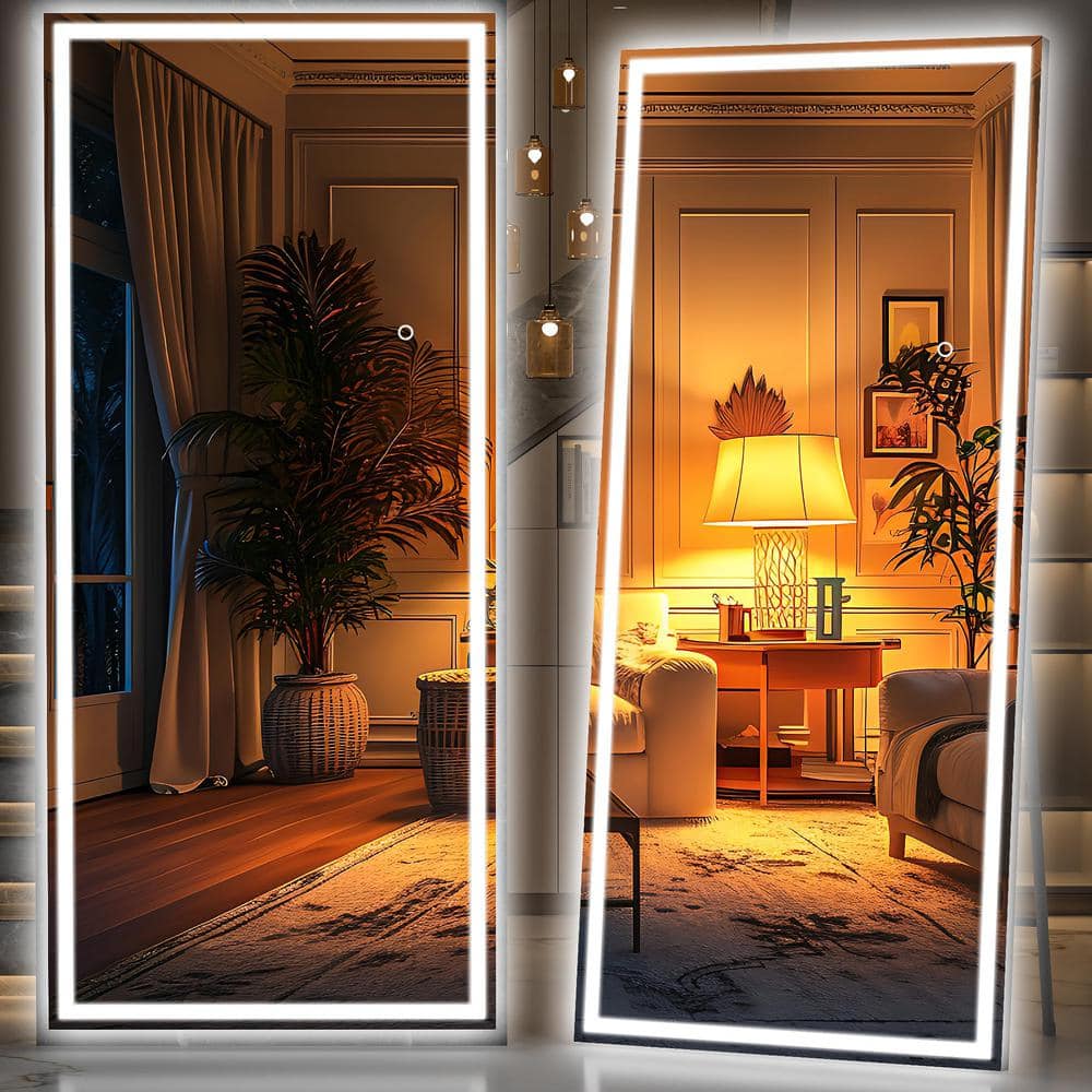 36 in. W x 83 in. H Square Black LED Lighted Floor Standing Mirror, Hanging