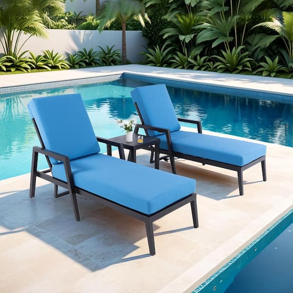 3-Piece Aluminum Outdoor Patio Furniture Chaise Lounge Set Pneumatic Adjustable Backrest with Blue Sunbrella Cushion