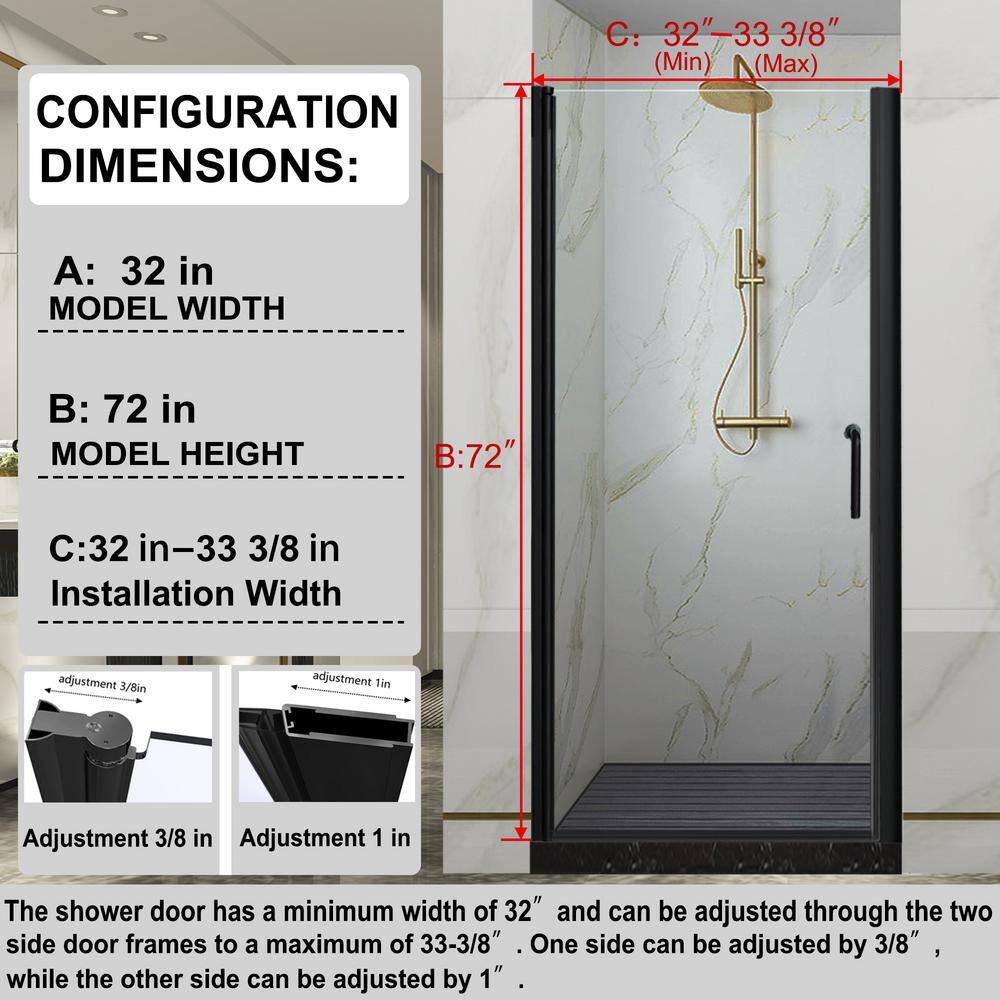 Matte Black Frameless Pivot Shower Door with Clear Glass