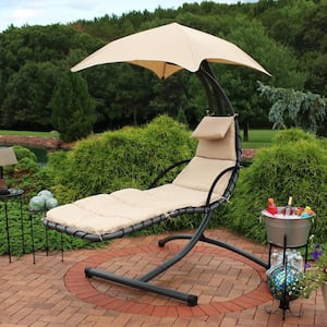 Steel Outdoor Floating Chaise Lounge Chair with Polyester Beige Cushions and Canopy