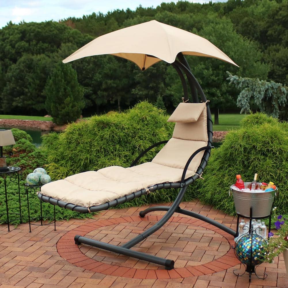 Beige Hanging Chaise Lounge Chair with Canopy and Cushions