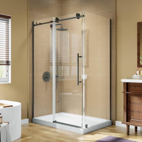 44-48 in. W x 32 in. D x 72 in. H Frameless Corner Sliding Shower Door Enclosure in Matte Black 3/8 in. Clear Glass