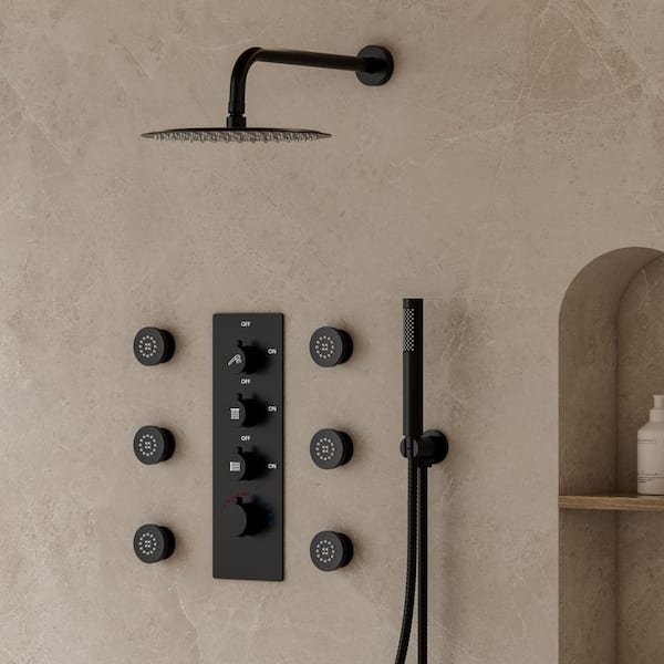 CRANACH Thermostatic Valve 12 in. Wall Mount Triple Handle 7-Spray Patterns Shower Faucet 2.5 GPM With 6-Jets in Matte Black