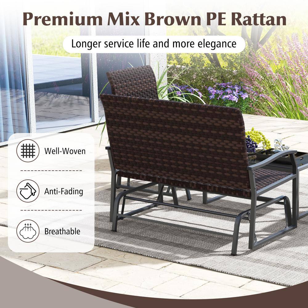 Mix Brown PE Rattan 4-Piece Patio Gliding Set with Tempered Glass Coffee Table