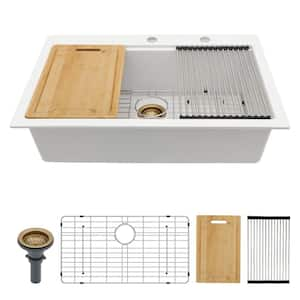 33 in. Undermount Single Bowl White Granite Composite Kitchen Sink with Cutting Board and Roll-up Rack