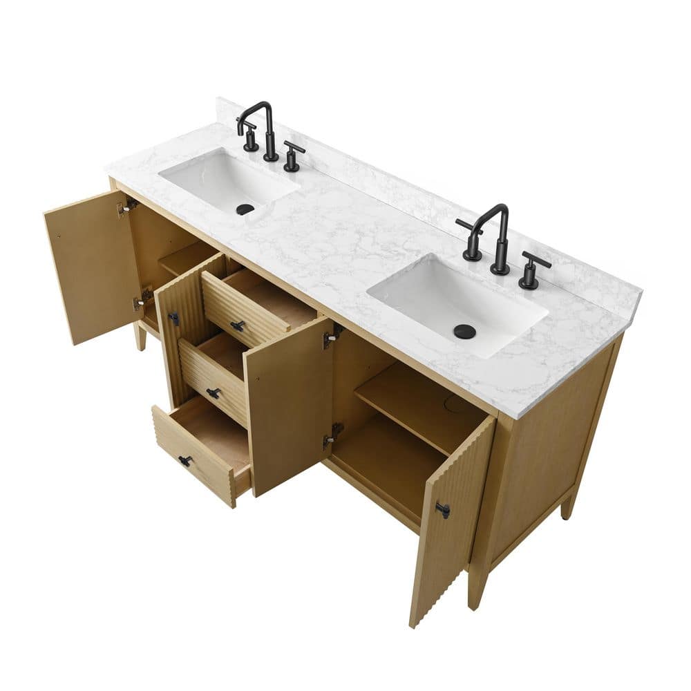 Linear Natural Oak 72" Double Sink Freestanding Bathroom Vanity with Marble Top