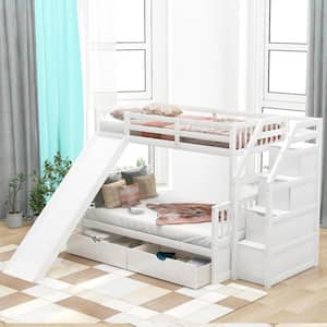 White Twin Over Full Size Bunk Bed with Slide, Storage Drawers, Wood Bunk Bed Frame, No Spring Box Needed