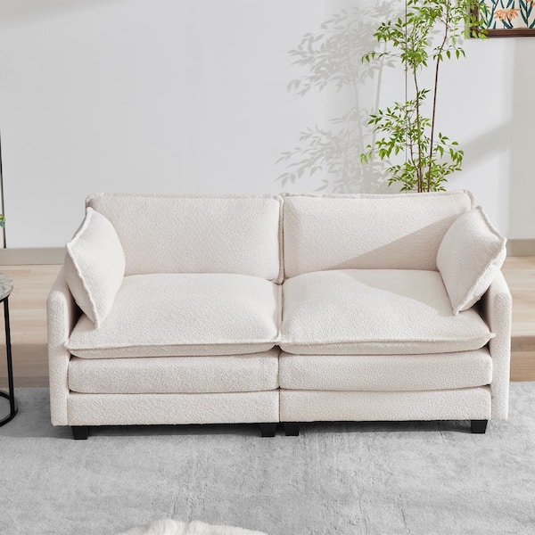 JEAREY Modern 76.77 in. Beige Looped Velvet Loveseat with Two Pillows for Living