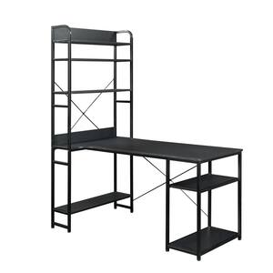 53.94 in. Rectangular Black Wood Computer Desk for Home Office with 5 Tier Open Bookshelf and Metal Frame
