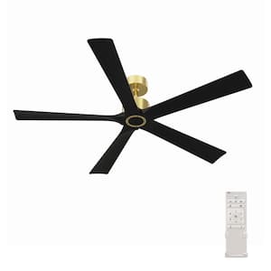 56 in. Indoor Outdoor Black Solid Wood 5-Blade Gold Housing Propeller Ceiling Fan with Remote Control, 1/4/8-Hour Timing