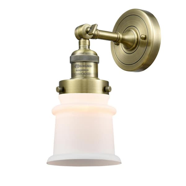 Canton 1-Light Antique Brass, Matte White Wall Sconce with White Glass Shade