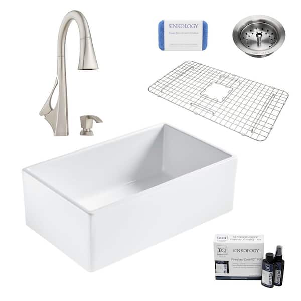 SINKOLOGY Bradstreet II All-in-One Farmhouse Fireclay 30 in. Single Bowl Kitchen Sink with Pfister Faucet and Drain
