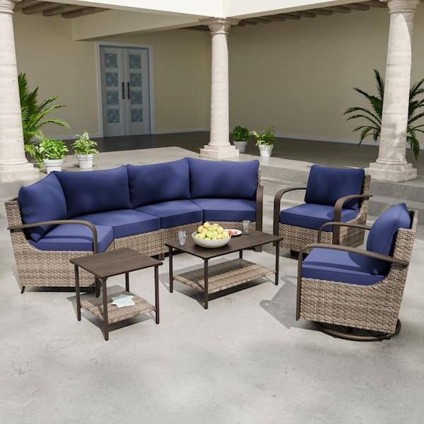 EAGLE PEAK 8-Piece Wicker Patio Conversation Sectional Seating Set with Swivel Rocking Chair, Blue Cushions