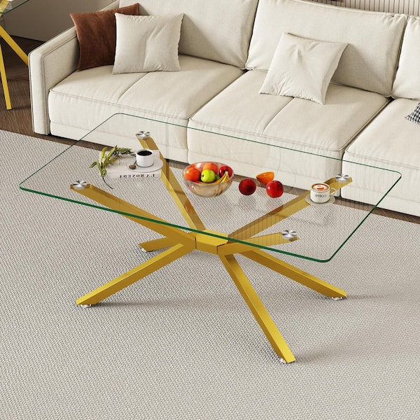Modern Living Room Center 39 in. Gold/Clear Rectangle Tempered Glass Coffee Table with Gold Metal Legs