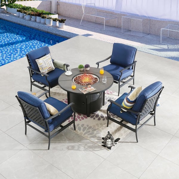 Patio Festival 5-Piece Metal Patio Fire Pit Seating Set with Blue Cushions