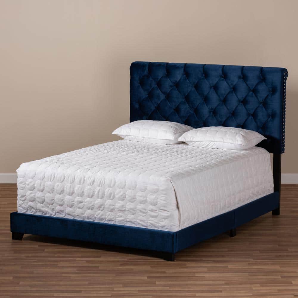 Candace Navy Velvet Upholstered Full Bed with Tufted Headboard