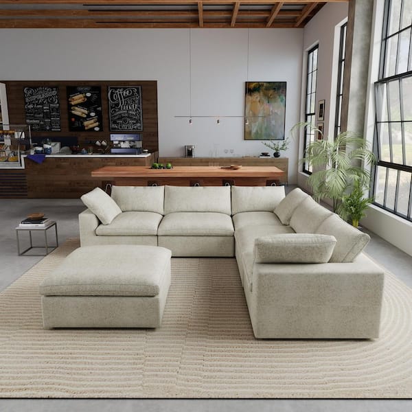 6-Piece 117.9 in. Square Arm Linen Modular Free Combination Sofa with Storage Ottoman in Brown