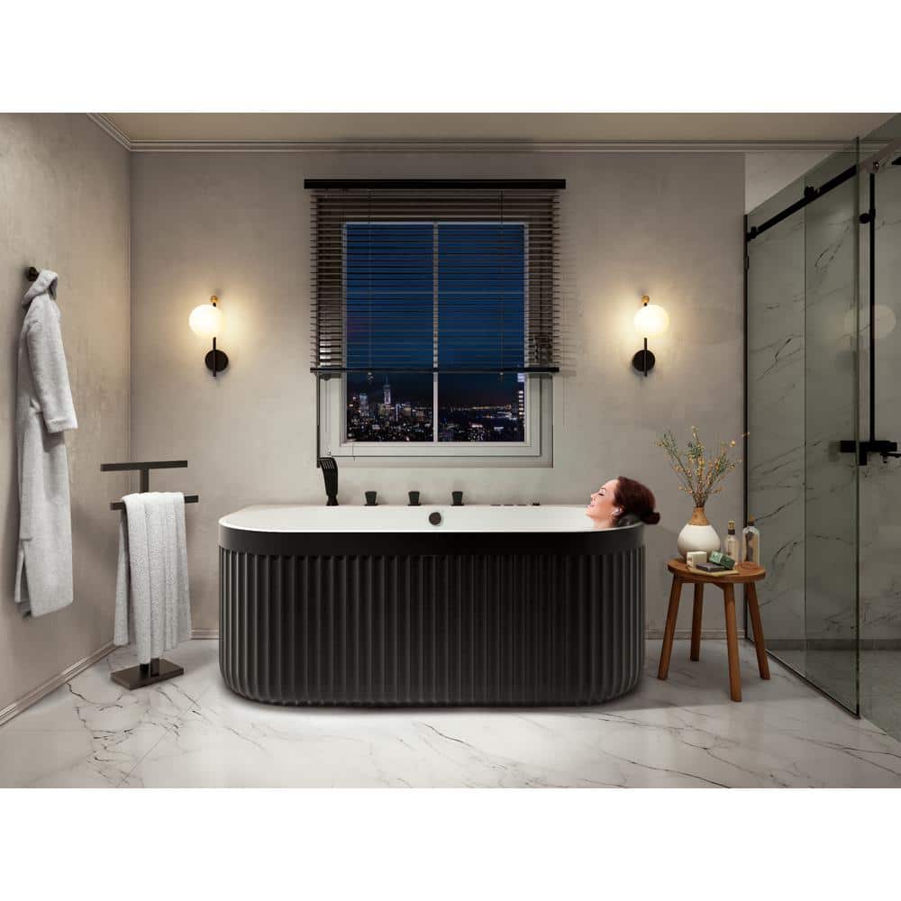 67'' Black and White Stone Resin Freestanding Oval Bathtub