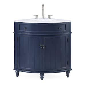 Thomasville 24 in. W x 24 in D. x 34.5 in. H Corner Bath Vanity in Navy Blue with White Quartz Top and porcelain Sink
