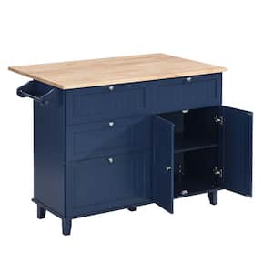 Farmhouse Blue Solid Wood 50 in. Kitchen Island with Drawers Drop Leaf 2-Seatings, Dining Table Set with Storage Cabinet