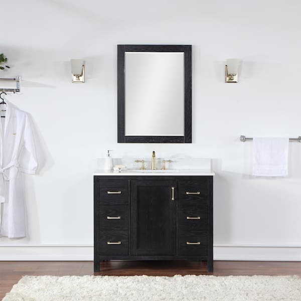 Altair Hadiya 42 in. W x 22 in. D x 34 in. H Single Sink Bath Vanity in Black Oak with White Composite Stone Top and Mirror