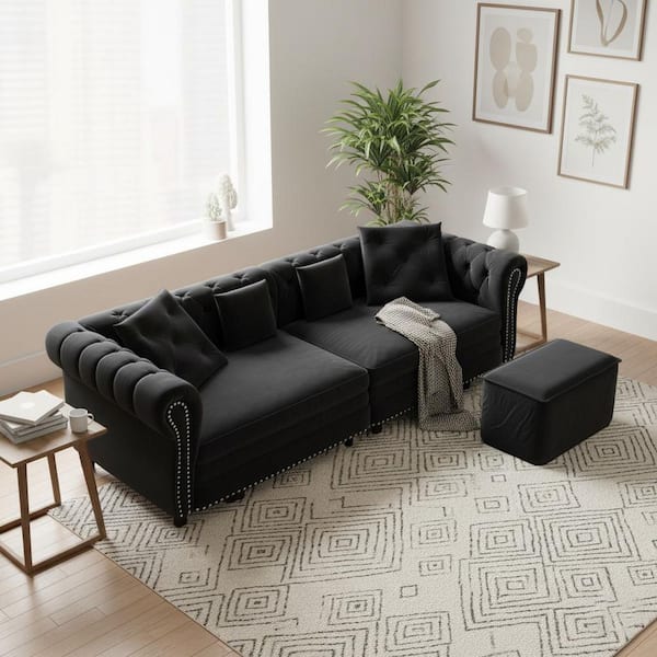 DBSAY 89 in. Sable Black Velvet King Size 3-Seat Sleeper Sofa Bed with Tufted Arms and Mobile Ottoman