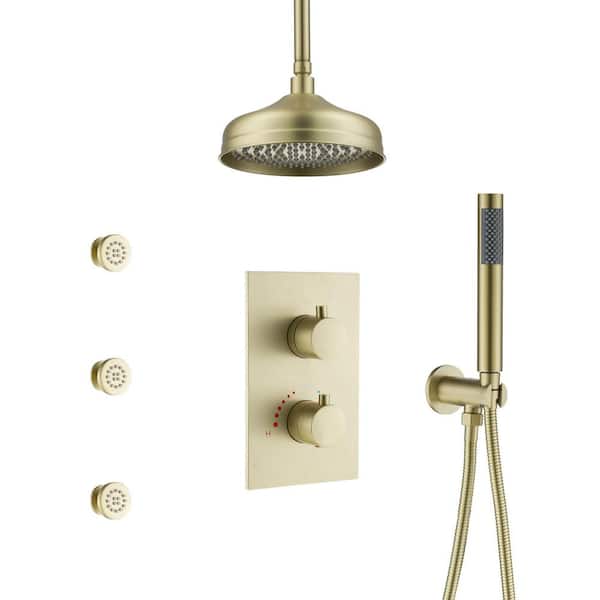 Boyel Living 1-Spray 8 in. Dual Shower Head Thermostatic Ceiling Mount Fixed, Handheld Shower Head Side Spray 2.5 GPM in Brushed Gold