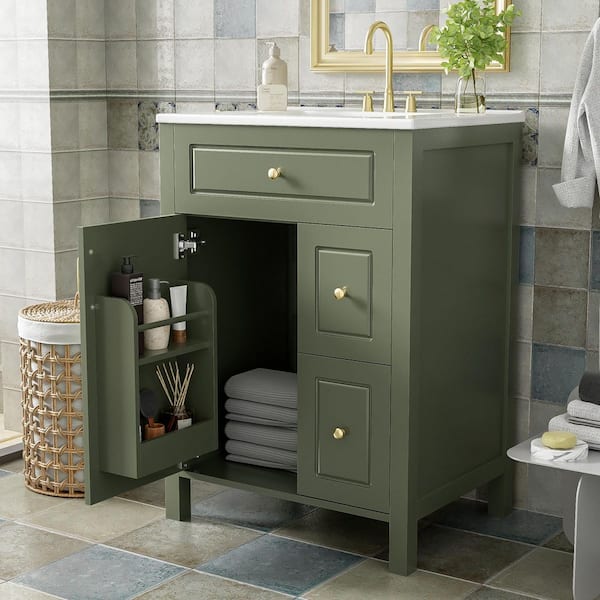 24 in. W x 18. 4 in. D x 33. 8 in. H in Single Sink Freestanding Green Bath Vanity, with White Ceramic Top Basin