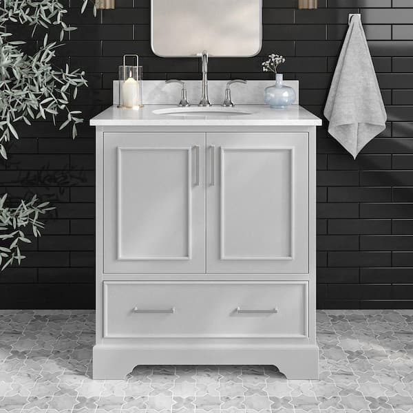 ARIEL Stafford 30 in. W x 22 in. D x 35.25 in. H Single Sink Freestanding Bath Vanity in Grey with Carrara White Marble Top