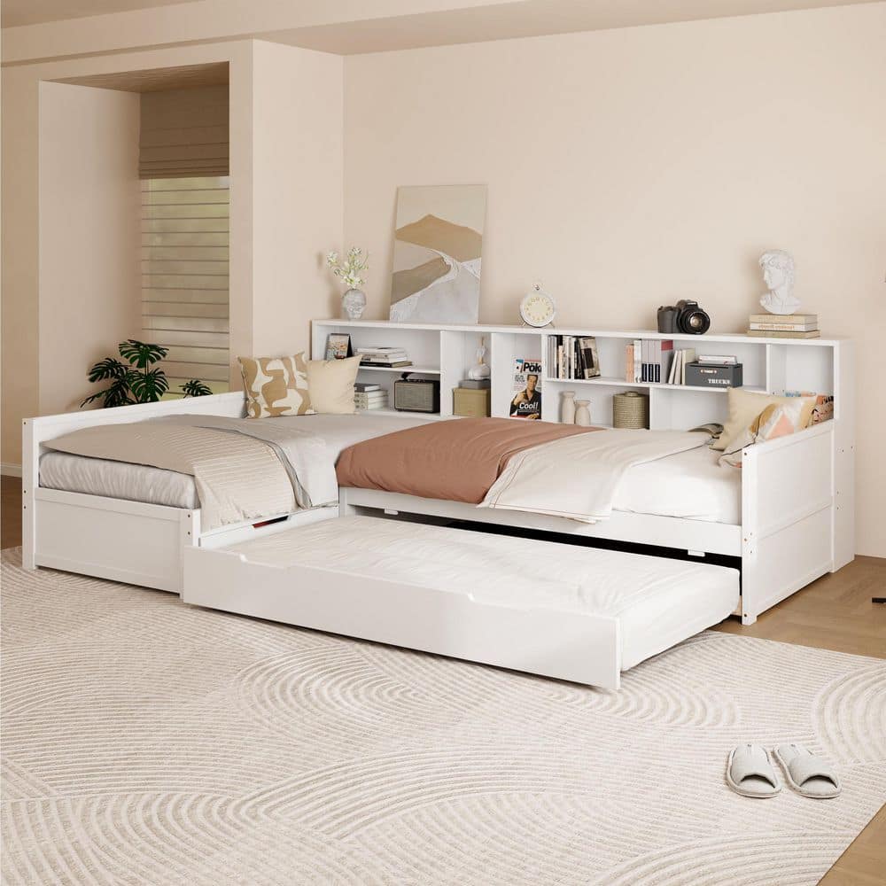 Noble House Ridley White Twin Size L-Shaped Daybed with Bookcase Headboard  and Storage Drawer, Trundle 139961