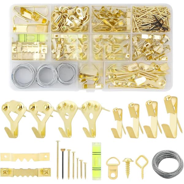 Steel Picture Hanging Kit 350 Pieces Heavy Duty Photo Hangers with Sawtooth Hardware D Rings Nails Level 1-Pack Gold