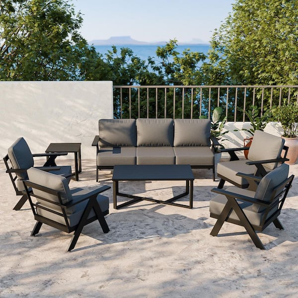 7-Piece Black Aluminum Patio Conversation Set with Gray Cushions and Coffee Table