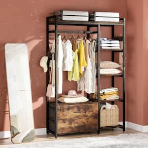 Carmalita Rustic Brown Freestanding Closet Organizer, Clothes Rack with Drawers and Shelves, Heavy Duty Garment Rack