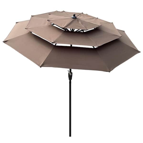 ToolCat 9 ft. 3-Tiers Aluminum Market Umbrella with Crank and Tilt and Wind Vents Outdoor Patio Umbrella in Coffee
