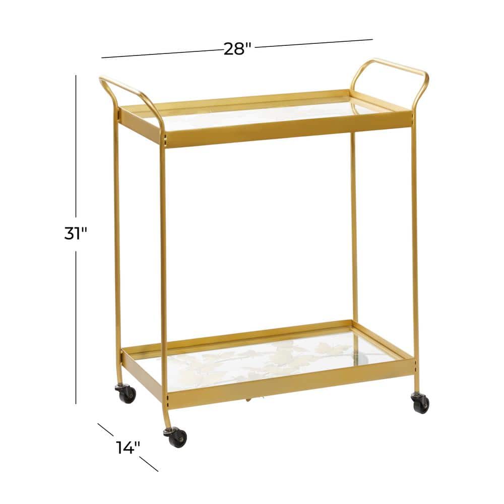 Sleek Gold Contemporary Rectangular Bar Cart with Glass Shelves