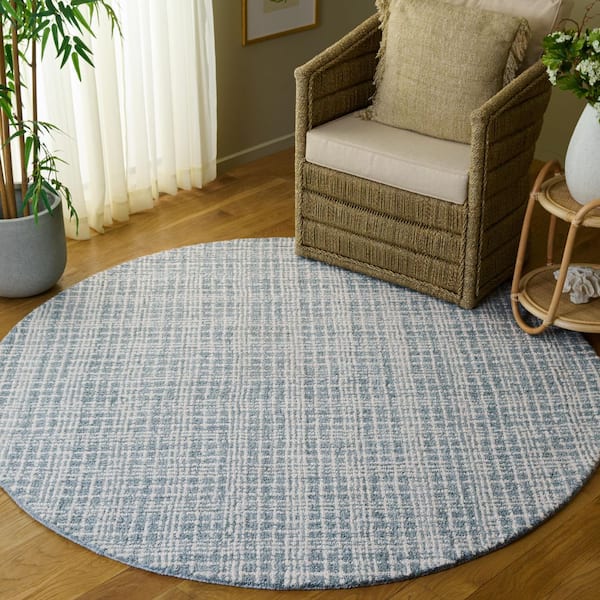 Renewal 6 ft. x 6 ft. Round Blue/Ivory Minimalist Woven Grid Area Rug