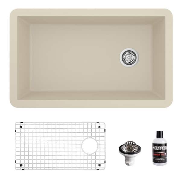 Karran QU-670 Quartz/Granite 32 in. Single Bowl Undermount Kitchen Sink in Bisque with Bottom Grid and Strainer