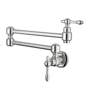 Wall Mounted Pot Filler with Double Joint Swing Arms 1-Hole 2-Handle Brass Foldable Kitchen Faucet in Polished Chrome