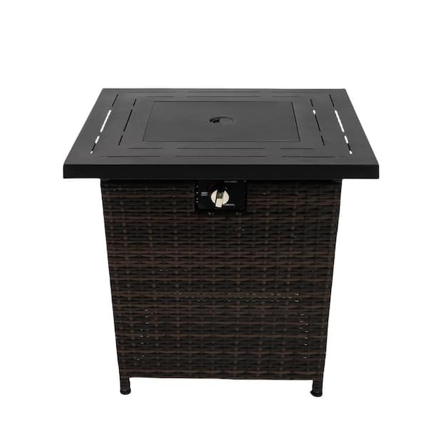 Unbranded 28 in. Square 40,000 BTU Wicker Brown Outdoor Propane Gas Fire Pit Table with Tabletop Lid, Lava Stone