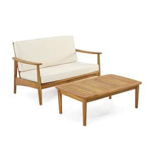 Willowbrook Teak Brown 2-Piece Wood Outdoor Patio Conversation Set with Beige Cushions