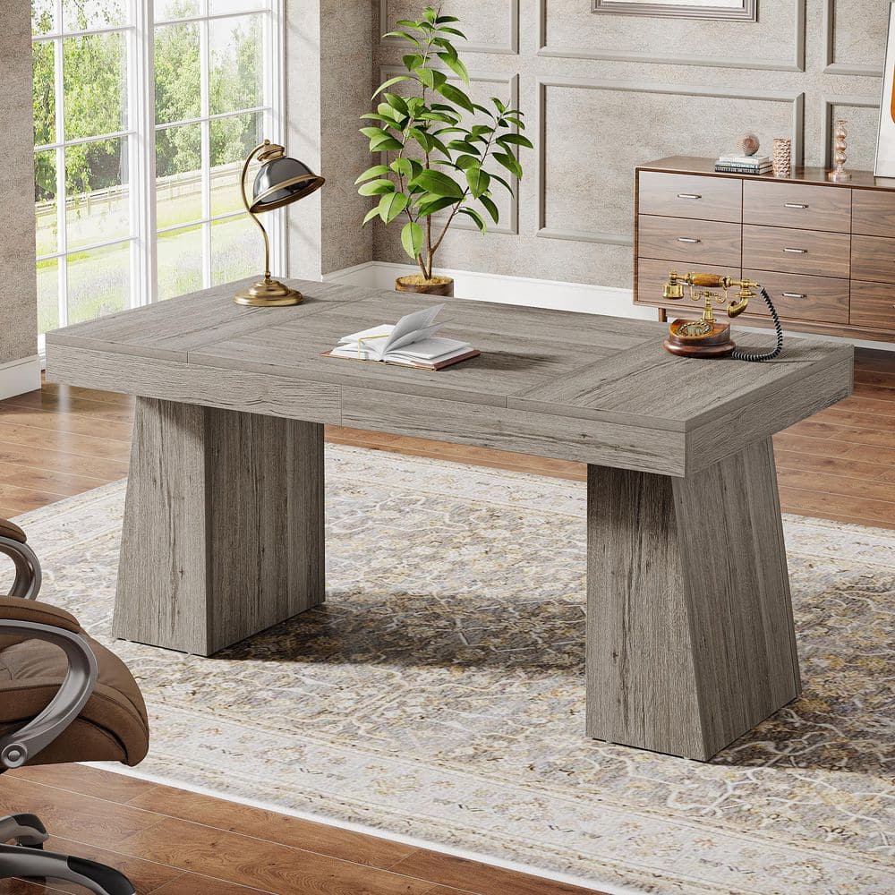 Moronia 55 in. Modern Rectangle Engineered Wood Executive Desk with Double Trapezoid Base, Gray