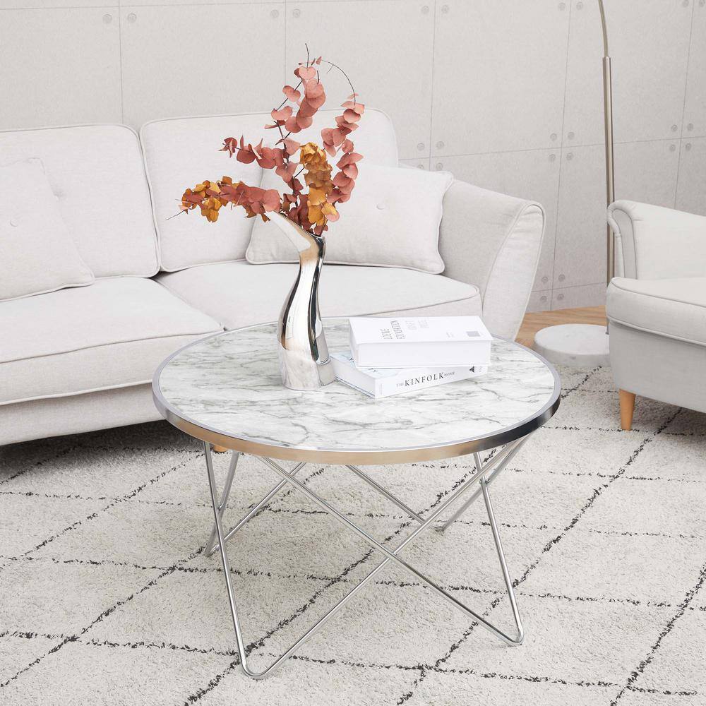 Small Round White Faux Marble Coffee Table with Silver Hairpin Legs