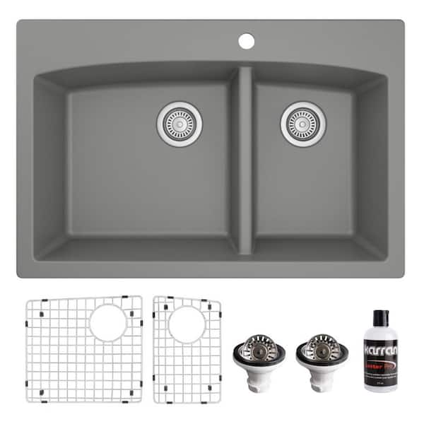 QT-711 Quartz/Granite 33 in. Double Bowl 60/40 Top Mount Drop-In Kitchen Sink in Grey with Bottom Grid and Strainer