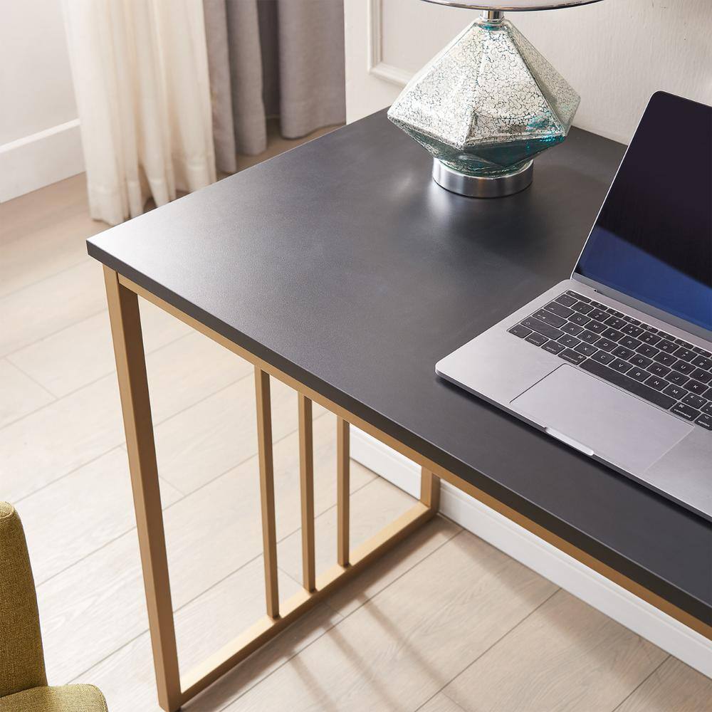 Sleek Matte Black and Gold Collapsible Writing Desk, 48 in