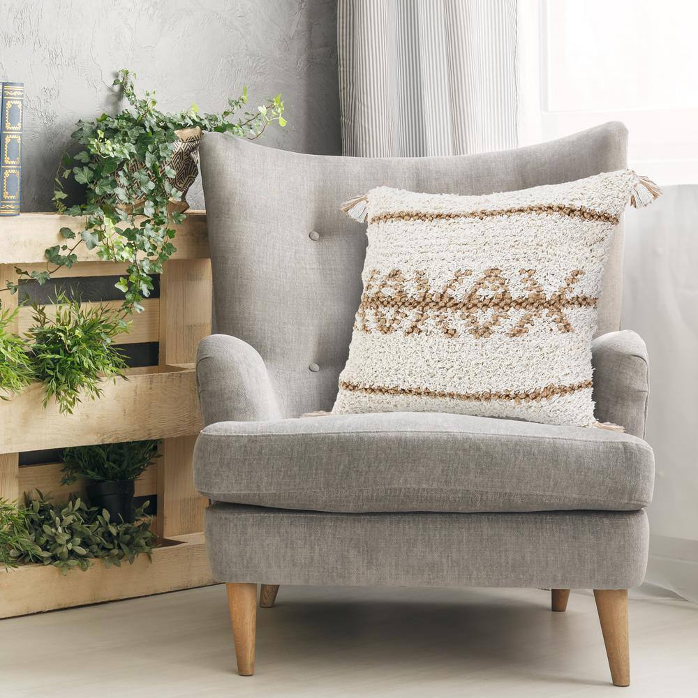 Boho-Chic Square Jute and Cotton Throw Pillow with Tassels