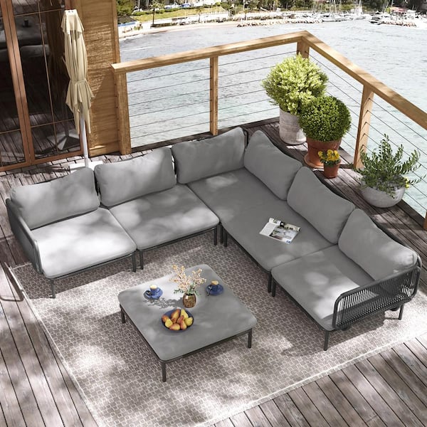 6-Piece Metal Outdoor Sectional Sofa with Dark Gray Cushions Twelve Armrest