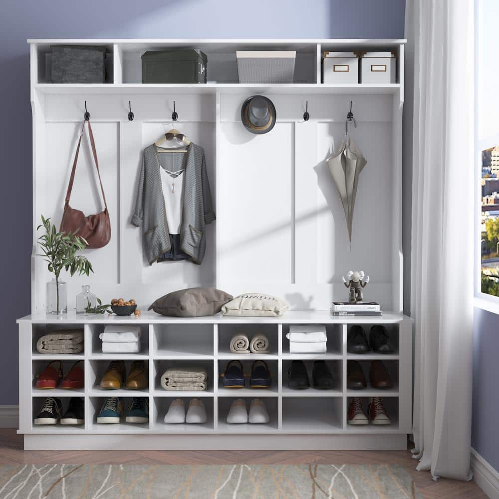 White MDF Wide Hall Tree with Shoe Cubbies and Hooks