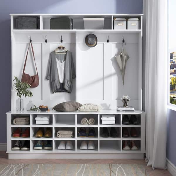 White Wood 3-in-1 Coat Rack Hall Tree Shoe Storage Shoe Bench With 6-Metal Double Hooks, Shoe Rack and Shelves