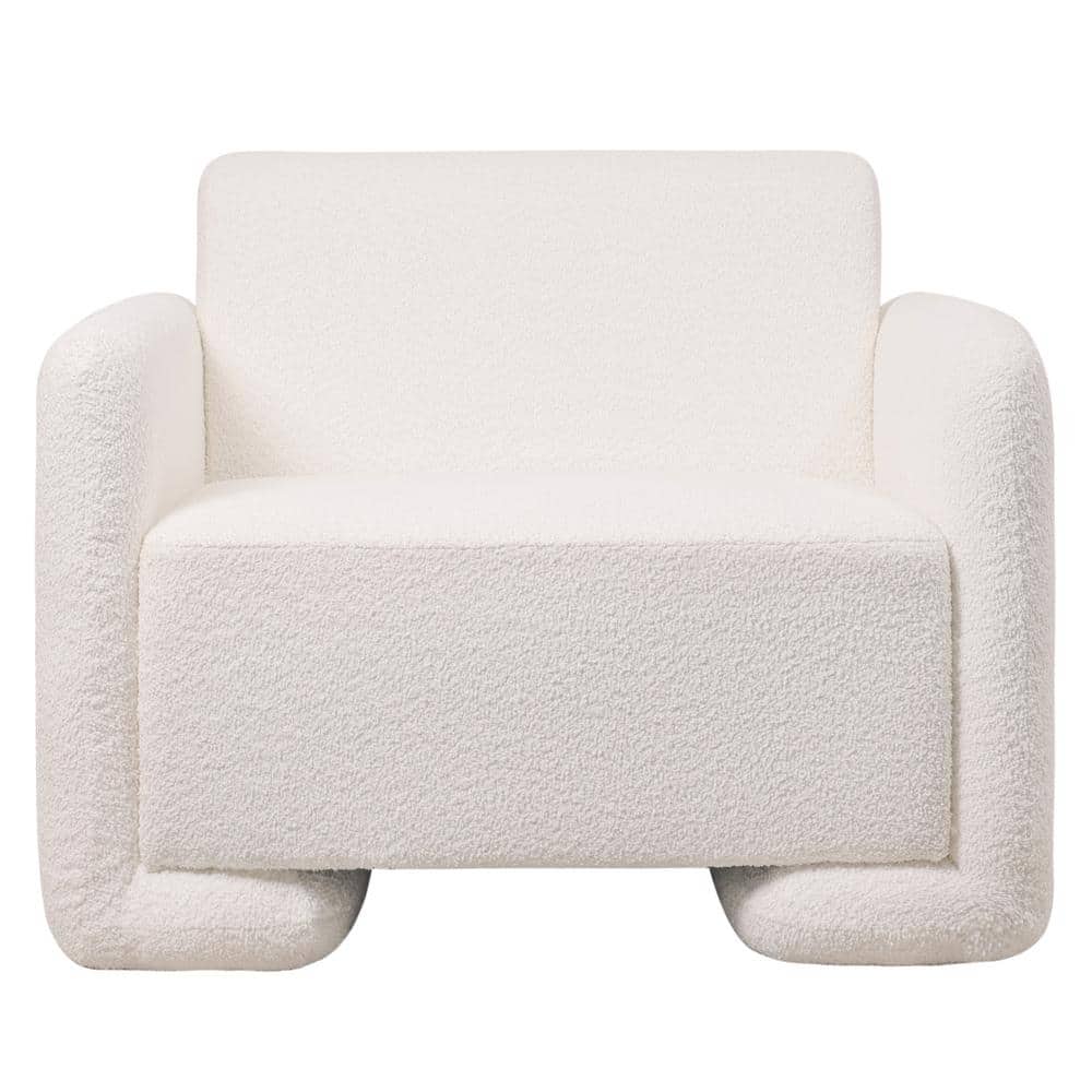 White Boucle Barrel Accent Chair with Pine Wood Base