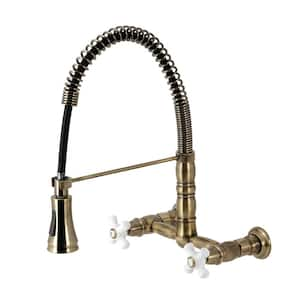 Heritage 2-Handle Wall Mount Pull Down Sprayer Kitchen Faucet in Antique Brass